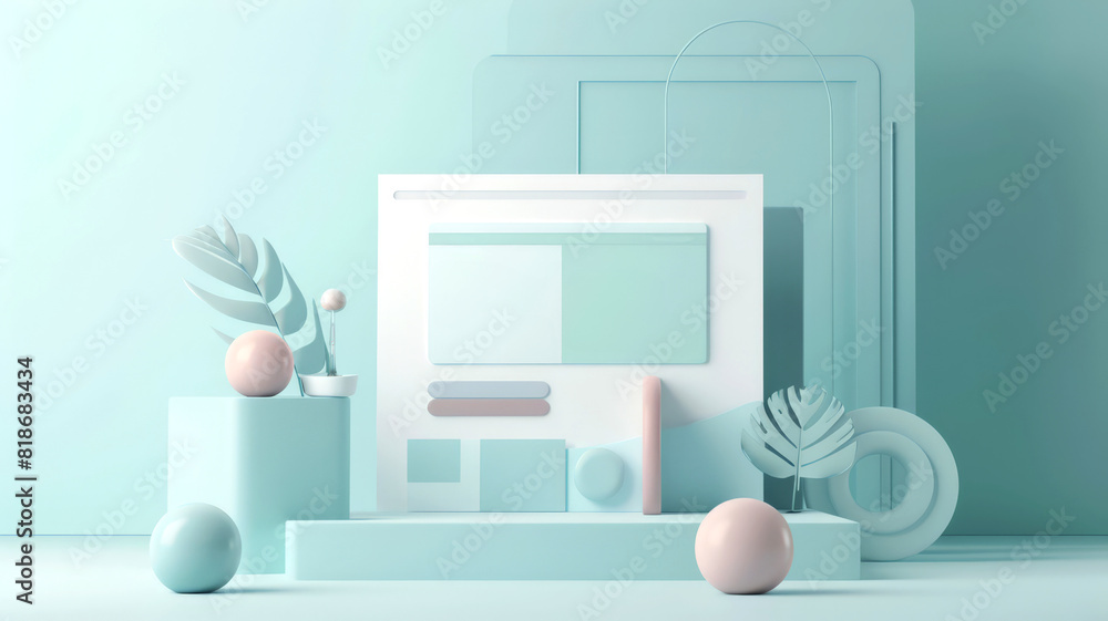 Wall mural elegant 3d web design template, showcasing a minimalistic landing page with floating 3d cards, monoc
