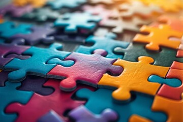 Colorful jigsaw puzzle pieces scattered on a table, showcasing teamwork, problem-solving, and creativity with vibrant interlocking patterns.