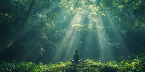 In the tranquil woods, a woman finds peace and vitality through yoga at sunrise.