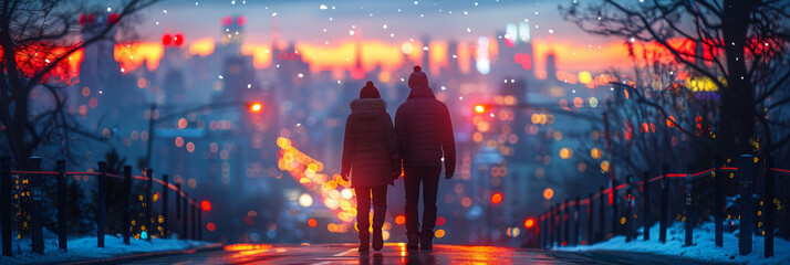 A romantic winter stroll in the urban scenery of Odessa, under city lights.