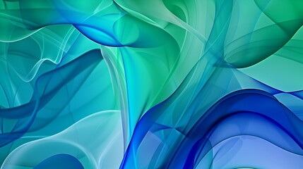 A vibrant abstract composition of overlapping translucent shapes in various shades of blue and green, with subtle gradients and depth nd.