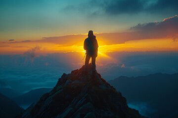 Fototapeta premium Silhouette of a person standing on a mountain peak at sunrise, with vibrant colors in the sky and clouds below in the valley.