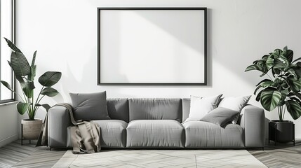 Fototapeta premium Frame mockup, ISO A paper size. Living room wall poster mockup. Interior mockup with house background. Modern interior design. 3D render