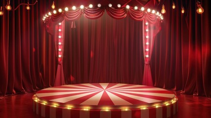 Circus stage podium background 3D carnival light red show curtain. Circus platform stage podium tent theater arena sign vintage spotlight circle stand bulb ringmaster ring cirque cartoon party cinema