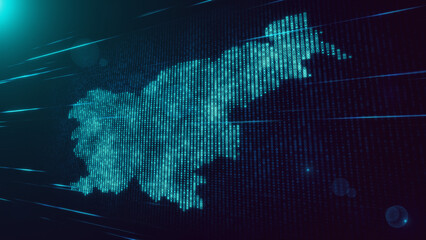 Abstract Futuristic Turquoise Blue Shiny Perspective Square Hud Particles Mosaic Grid Of Slovenia Map With Horizontal Light Streaks