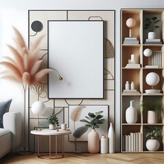 A Room with a mockup poster empty white and with a white wall and shelve realistic attractive image harmony image.