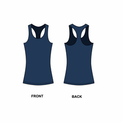 Technical drawing of a simple wrestling t-shirt in blue color. Drawing of a sleeveless t-shirt, front and back view. Basic t-shirt sketch, isolated on white background.
