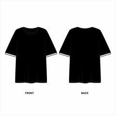 Technical sketch of short-sleeved shirt, black color. Sketch of a T-shirt with round neck, isolate on white background. T-shirt template front and back view, casual style. 