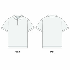 Outline Illustration of a basic t-shirt with zippered polo collar. Template t-shirt with zipper and collar, front and back view. Technical illustration of a short sleeve polo shirt with zipper closure © Iryna