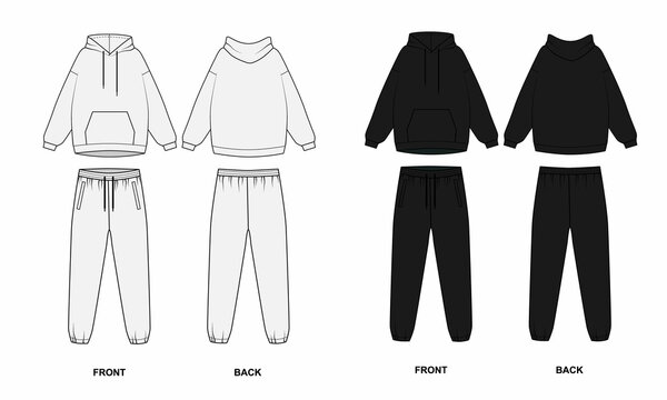 Technical drawing of a basic tracksuit, front and back view. Drawing of hoodie with pocket and joggers with rubber band. Hooded jacket pattern and elastic band sport pants. 