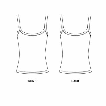 Outline sketch of strappy shirt, isolate on white background. Technical sketch of classic strappy shirt, front and back view. Template of a stretchy t-shirt made of koton, casual style. 