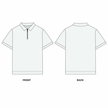 Outline Illustration of a basic t-shirt with zippered polo collar. Template t-shirt with zipper and collar, front and back view. Technical illustration of a short sleeve polo shirt with zipper closure