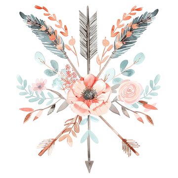 An illustration of a floral arrangement with 4 arrows. The flowers are pink, white, and blue. The leaves are green and blue. The arrows are brown and have feathers on the end.