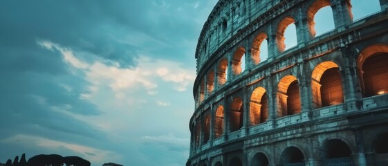 A breathtaking landscape of the Colosseum in Rome at twilight, with soft focus enhancing the...