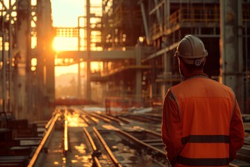 Engineer from behind on a construction site, right side of the image, wearing an orange vest, safety helmet, observing a large construction project