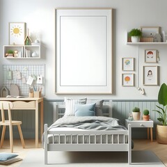 bedRoom with a mockup poster empty white and sets have mockup poster empty white have mockup poster empty white with a bed and desk has illustrative harmony meaning.