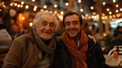 Fototapeta premium Elderly father and adult child attending a family event or happy celebration. Parents Day, Dad Day