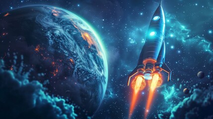 Rocket with a planet behind it in space, poster with place to copy space.