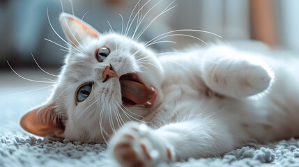 A white cat is lying on the floor. The cat is yawning, with a cozy expression, and it hides its paw pads in a calm mood. Adorable Pet photo.