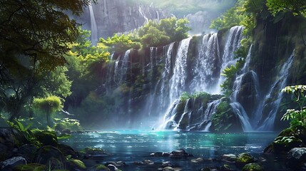 Majestic waterfall cascading down rugged cliffs into a serene pool below, surrounded by lush greenery. - Powered by Adobe