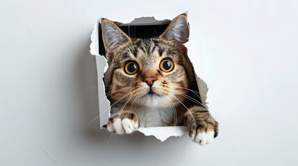 A cute American shorthair cat peeking out of a white background from a hole in paper with copy space. Adorable Pet Photography.