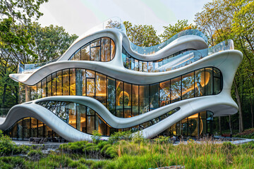 Modern Architectural Marvel with Fluid Design in Forest Setting. Generative AI