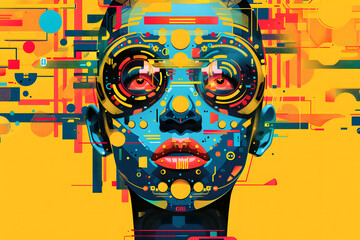 Colorful Abstract Illustration of a Futuristic Cybernetic Face