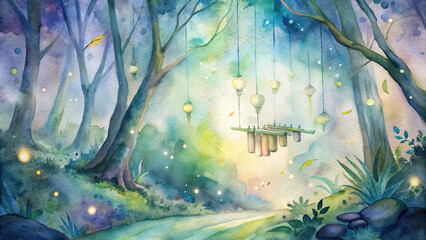 An enchanting watercolor artwork showcasing a xylophone suspended in mid-air amidst a magical forest, with shimmering fireflies illuminating the surrounding trees