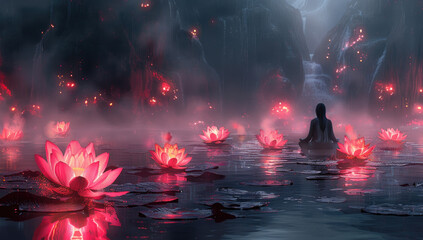 A person meditating in a lotus position, with floating pink glowing flowers around them. Created with Ai