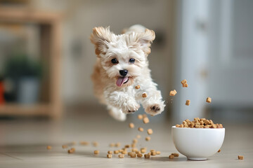 Close up a cute white puppy jumping up to catch dog food from a bowl containing dry pets falling from the air, in a happy and playful mood, Adorable Pet Photo