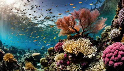 A colorful coral reef teeming with marine life in clear, shallow waters.
