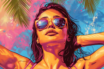 Stylized Woman in Sunglasses Enjoying Tropical Summer Vibes