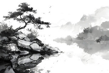 Ink Wash Landscape with Tranquil Scenery and Pine Tree Illustration