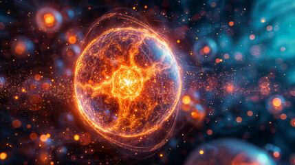 Fiery Particle in Quantum Universe with Glowing Energy Fields. Colorful Illustration