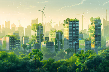 Sustainable Living Oasis with Green Buildings and Wind Turbines. Conceptual Illustration