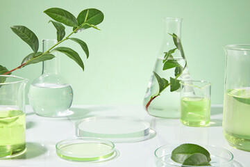 Glassware in laboratory placed on white countertop against light green background, a empty round...