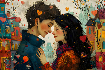Romantic Couple in Autumn Cityscape with Falling Hearts Illustration