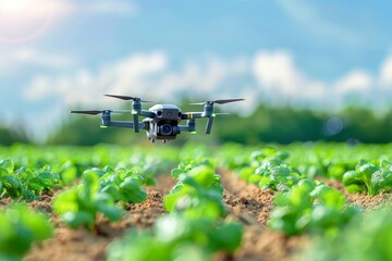 Efficient smart farming drone technology improves modern agricultural cultivation, green environments, precision crop health monitoring, and advanced vector illustrations.