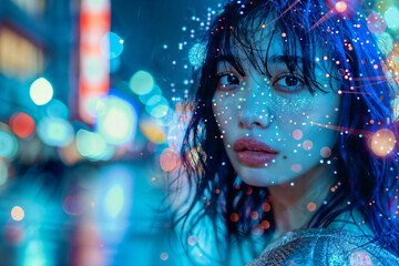 Young Woman with Futuristic Asymmetrical Haircut and Neon Lights