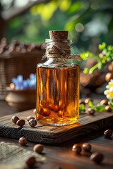 Organic argan oil essence in a glass bottle for relaxation and wellness therapy.