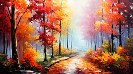 Obraz na płótnie Canvas Serene path through an autumn forest, vibrant leaves creating a colorful canopy, a sense of peaceful solitude,