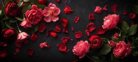 top view red peony rose petals on black background, sensual romantic spring fashion concept