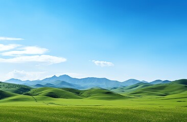 Fototapeta premium Green grassy hills with blue sky and mountains landscape background
