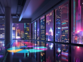 A sleek, modern office space with large windows showcasing a vibrant, futuristic cityscape at night. The floor features illuminated data charts, emphasizing a high-tech, innovative environment.