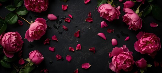 top view red peony rose on black background, sensual romantic spring fashion concept