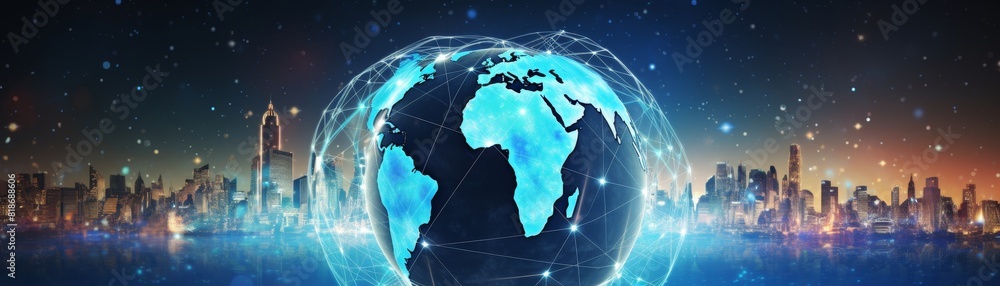 Poster Digital world globe centered on Middle East, concept of global network and connectivity on Earth.