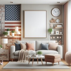 A living Room with a mockup poster empty white and with a couch and a poster art image realistic illustration.