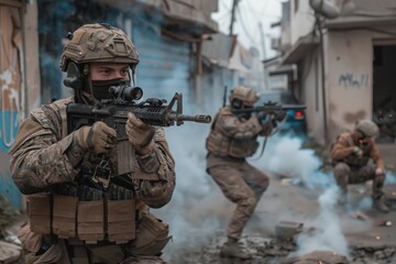 Obraz premium In the midst of a war-torn city, soldiers execute a precision assault, weapons poised, while smoke fills the air, creating a tense and dramatic battlefield atmosphere.