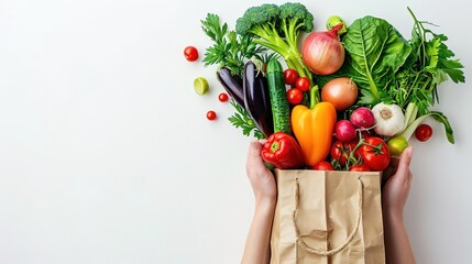 Fresh vegetables spilling out of a brown paper shopping bag, held by a hand, isolated on a white background, top-down view, bright natural light