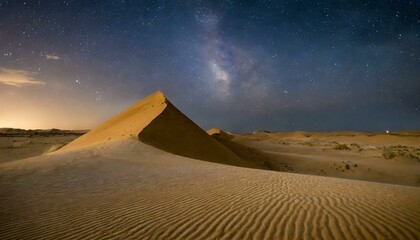 A desert landscape with towering sand dunes under a starlit sky.
